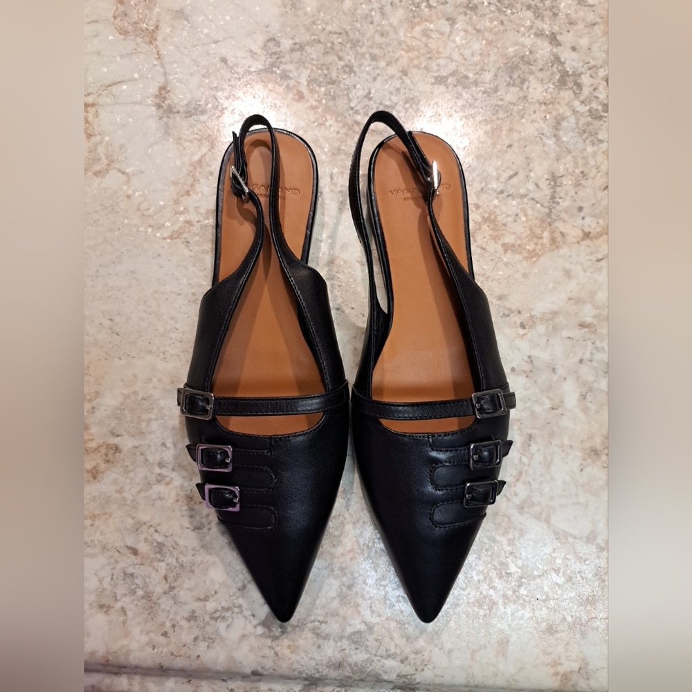 Vagabond Black Pointed Slingback Flats with Buckle Straps